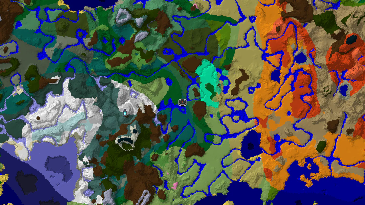 A 2D biome map centered on the spawn point, revealing a Taiga biome at the origin, with markers for a distant Ancient City.