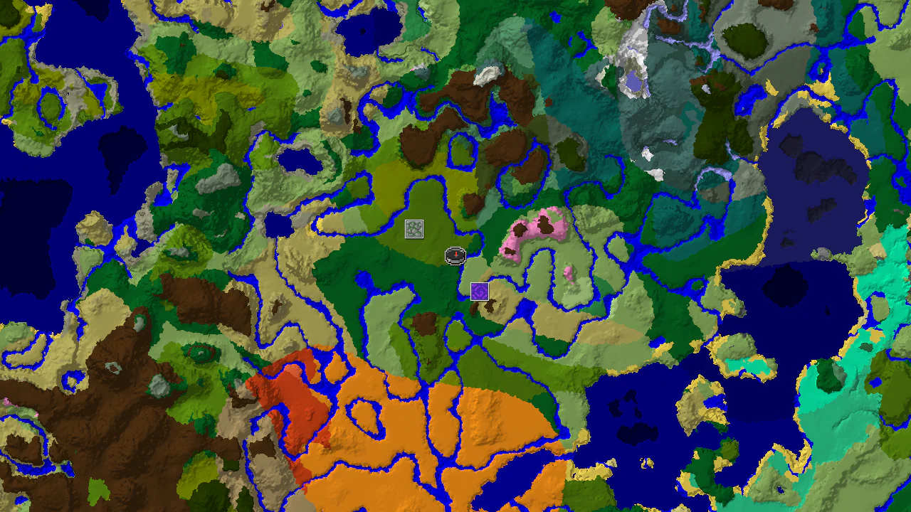 A 2D biome map centered on the spawn point, showing dense jungle, plains, and river biomes, with markers for a nearby ruined portal and jungle temple.