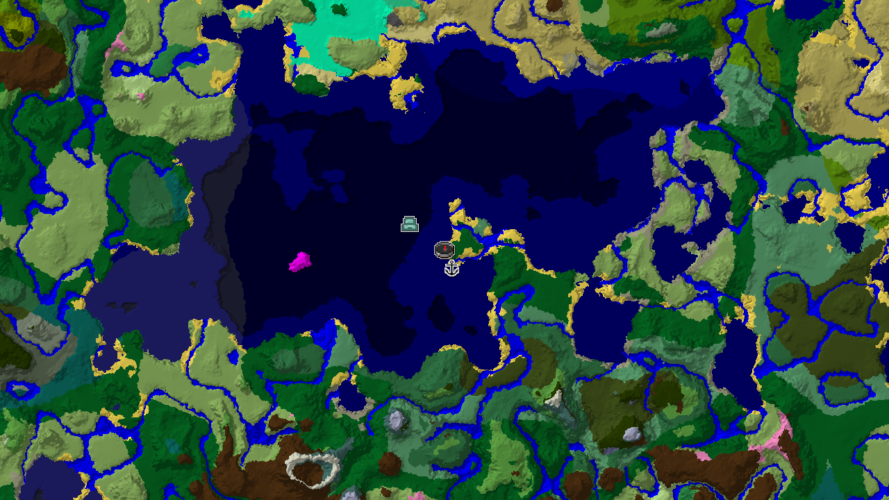 A 2D biome map showing a spawn marker in a forest surrounded by vast expanses of deep ocean and ocean, with markers for a nearby shipwreck and an ocean monument.