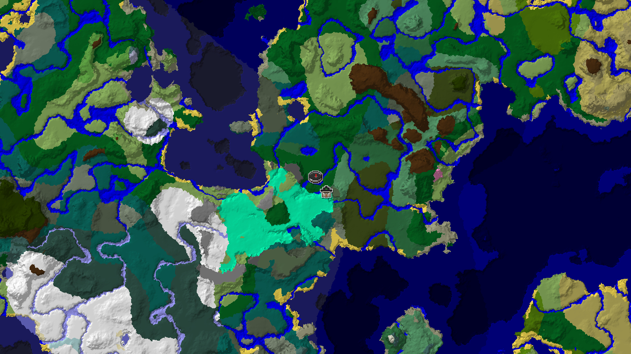 A top-down 2D biome map centered on spawn, showing a diverse landscape including large areas of Forest, River, and Cold Ocean, with markers for spawn and a Witch Hut.