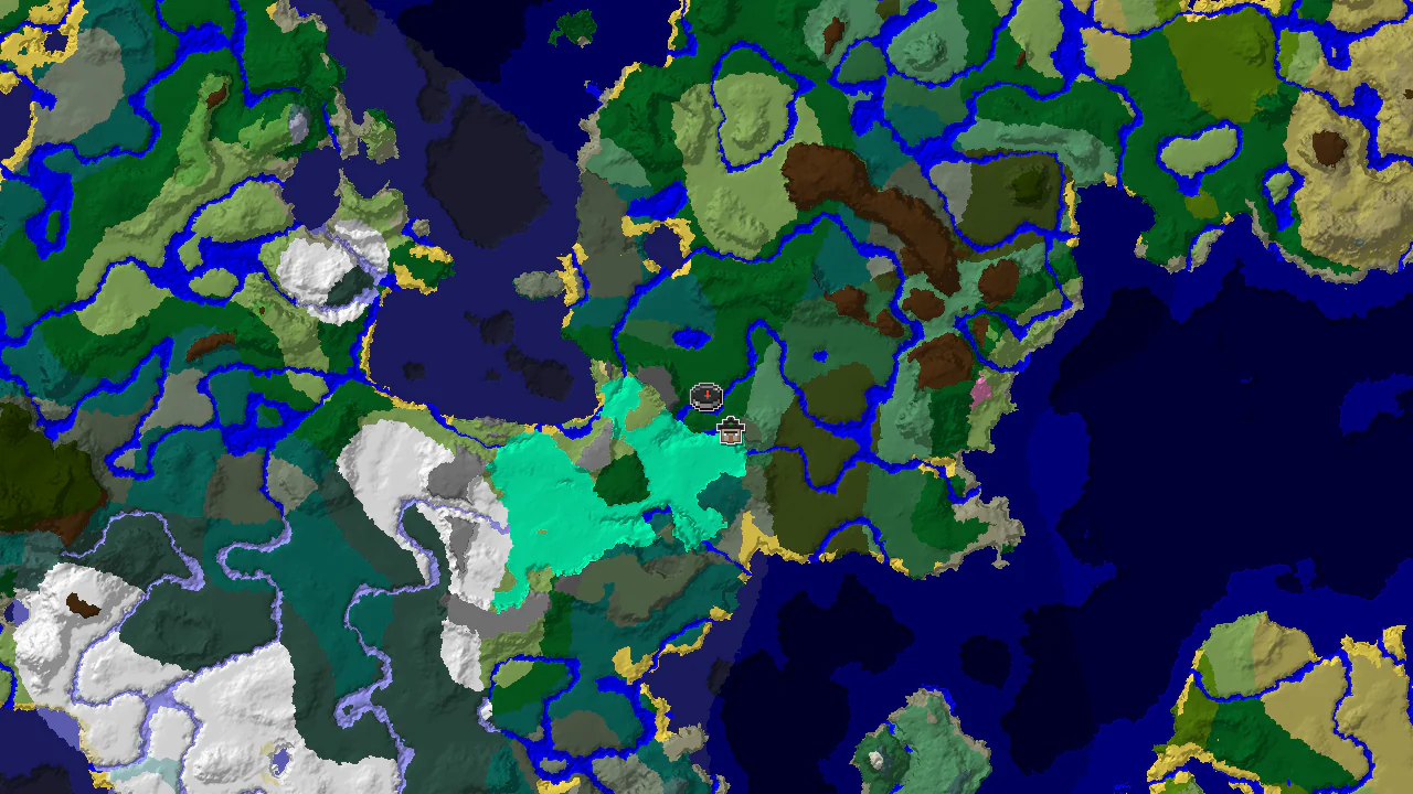 A top-down 2D biome map centered on spawn, showing a diverse landscape including large areas of Forest, River, and Cold Ocean, with markers for spawn and a Witch Hut.