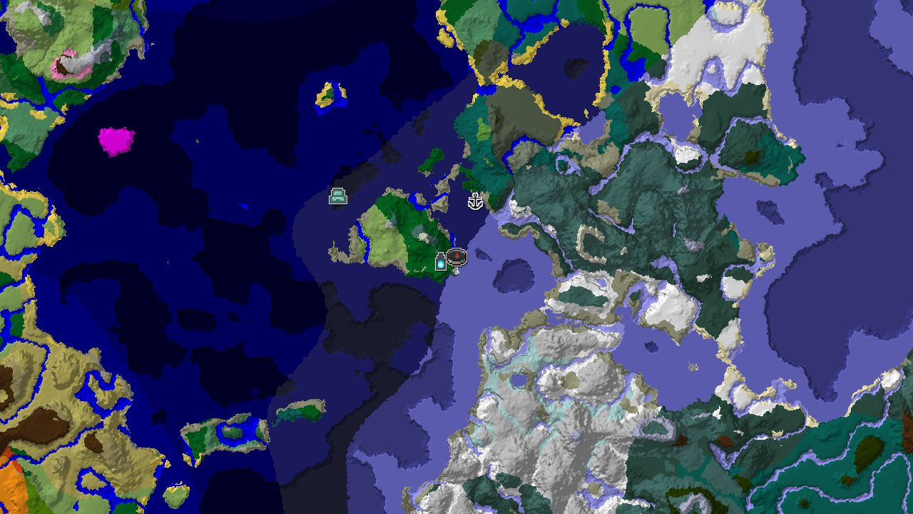 A 2D biome map centered on spawn, showing a large area of Frozen Ocean, Cold Ocean, and Deep Cold Ocean, with patches of Stony Shore, Snowy Plains, and Grove. A marker indicates an Ancient City near spawn.