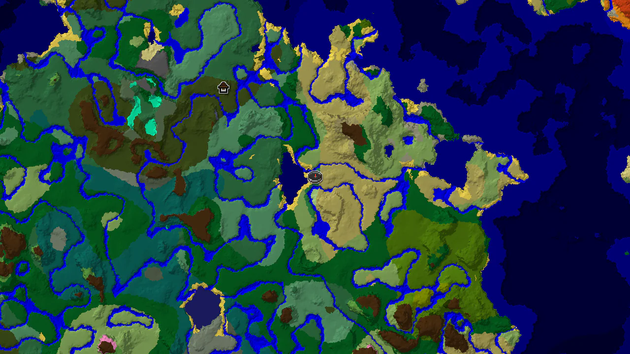 A top-down 2D biome map centered on the spawn point, marked in a Flower Forest, with markers for two nearby villages.