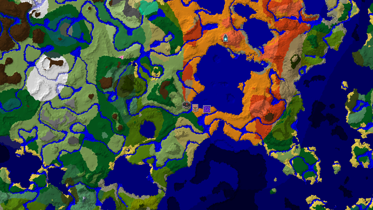 A 2D biome map centered on spawn, showing a Warm Ocean to the west, Desert to the north and east, and Plains at spawn, with markers for a village, ruined portal, and ancient city.