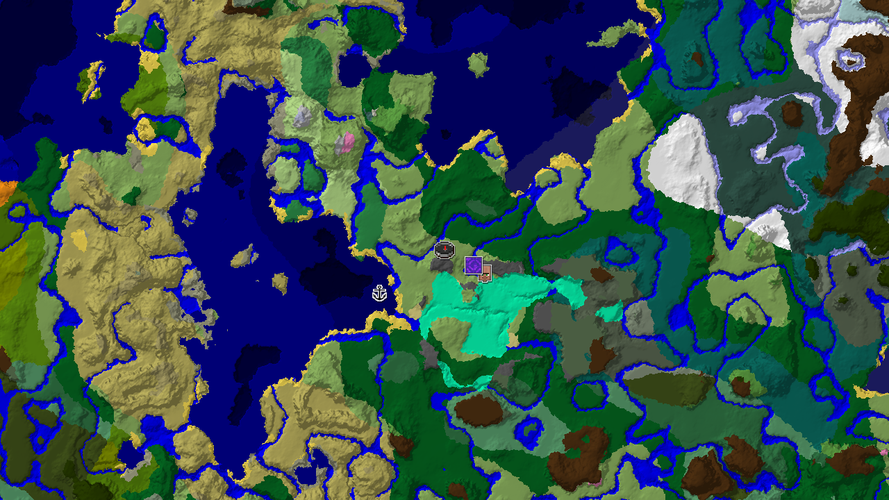 A 2D biome map centered on spawn, showing plains, forests, and a nearby village marker.