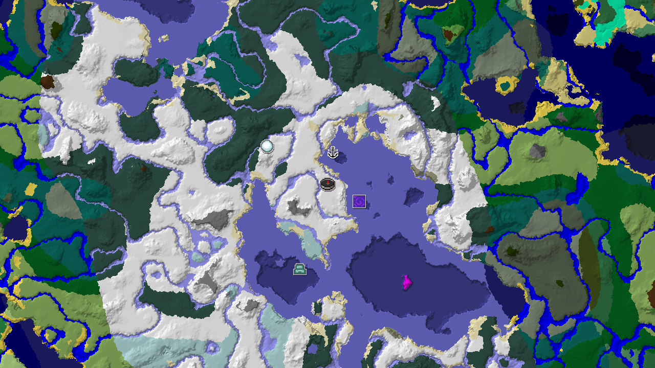 A 2D biome map centered on spawn, showing large areas of Frozen Ocean, Snowy Plains, and Snowy Taiga, with markers for a Ruined Portal, Shipwreck, Ocean Monument, and Igloo.