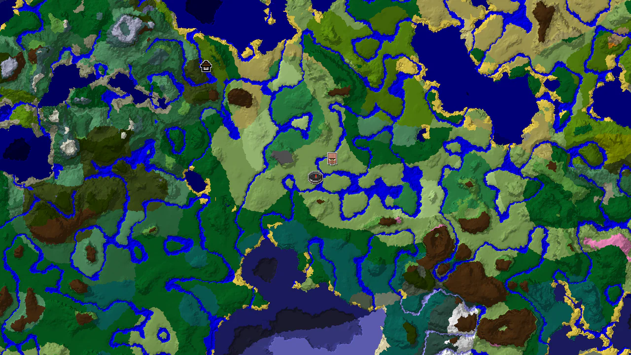 A 2D biome map centered on spawn, showing a nearby village and a Woodland Mansion, surrounded by various biomes.