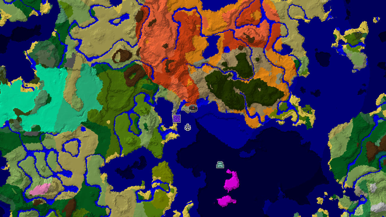 A top-down 2D biome map centered on spawn, showing a large area of various ocean biomes, Badlands, and a marker for a nearby Ruined Portal.