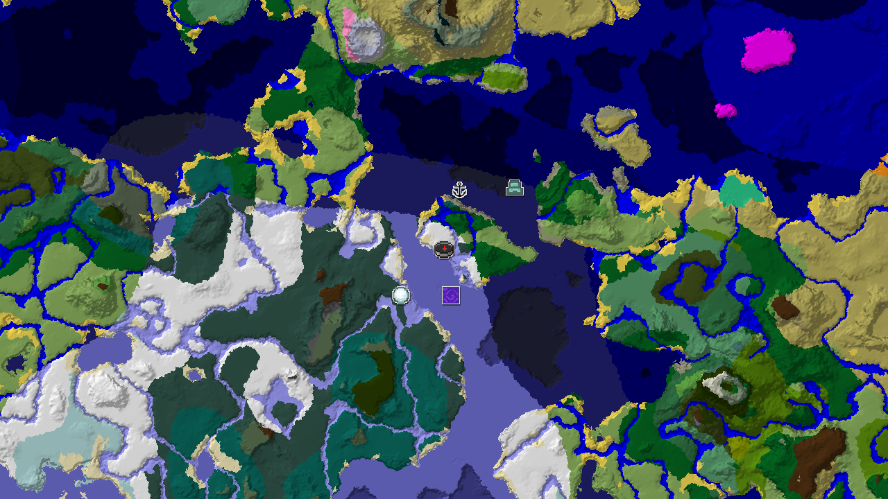 A 2D biome map centered on spawn, showing a large area of snowy plains, frozen ocean, and other cold biomes, with markers for a Ruined Portal, Shipwreck, Igloo, and Ocean Monument.