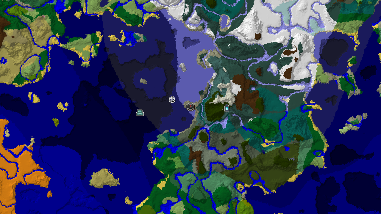 A 2D biome map centered on the spawn point, revealing a snowy landscape with nearby oceans and mountains, marked with an Ancient City, Shipwreck, and Ocean Monument.