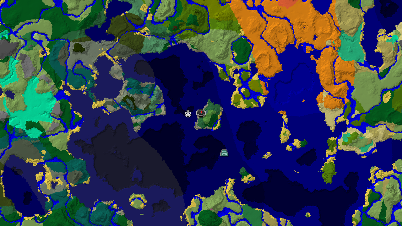 A 2D biome map centered on spawn, showing a Birch Forest spawn point and markers for a nearby Shipwreck and Ocean Monument.