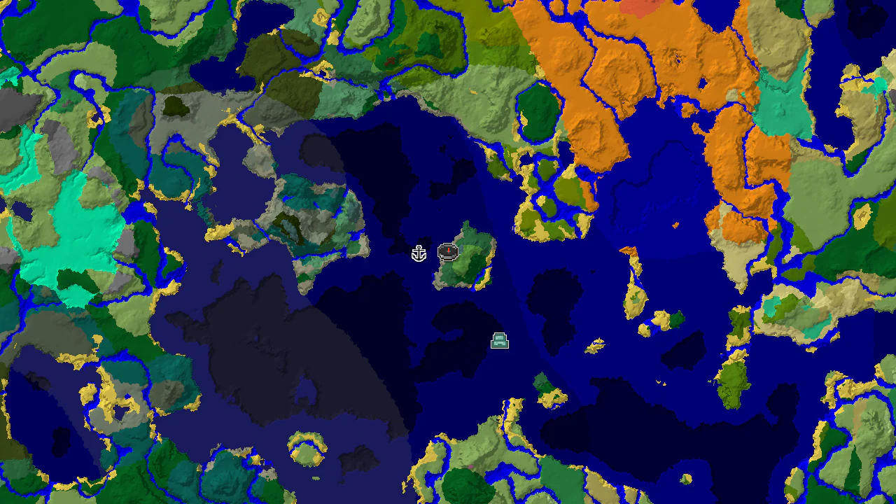 A 2D biome map centered on spawn, showing a Birch Forest spawn point and markers for a nearby Shipwreck and Ocean Monument.