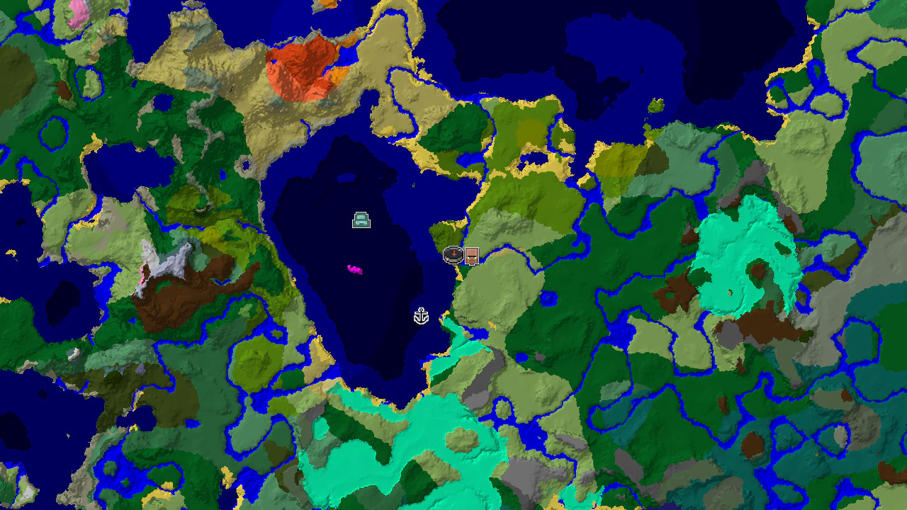 A 2D biome map centered on spawn shows a nearby village marker, surrounded by ocean, river, and jungle biomes.