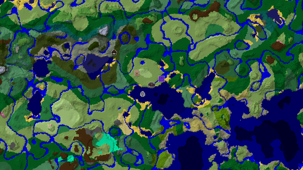 A 2D top-down biome map centered on spawn, showing plains, forests, and oceans, with markers for a Woodland Mansion, village, ruined portal, and shipwreck.