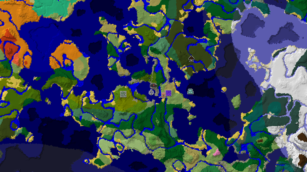 A 2D biome map centered on spawn, showing a large jungle near the starting point, a coastal village, and a distant Woodland Mansion.