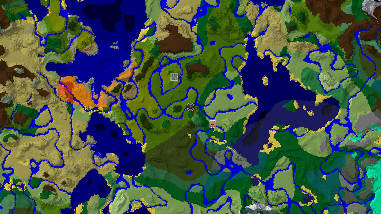 A 2D biome map centered on spawn, showing a large jungle area to the west and south, with a village to the southeast and a jungle temple to the northwest.