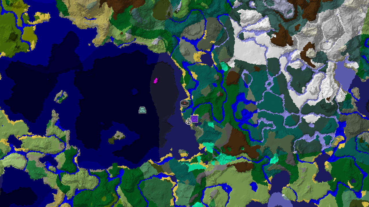 A top-down 2D biome map centered on spawn, showing a taiga spawn point, a ruined portal, a shipwreck, and an ocean monument.
