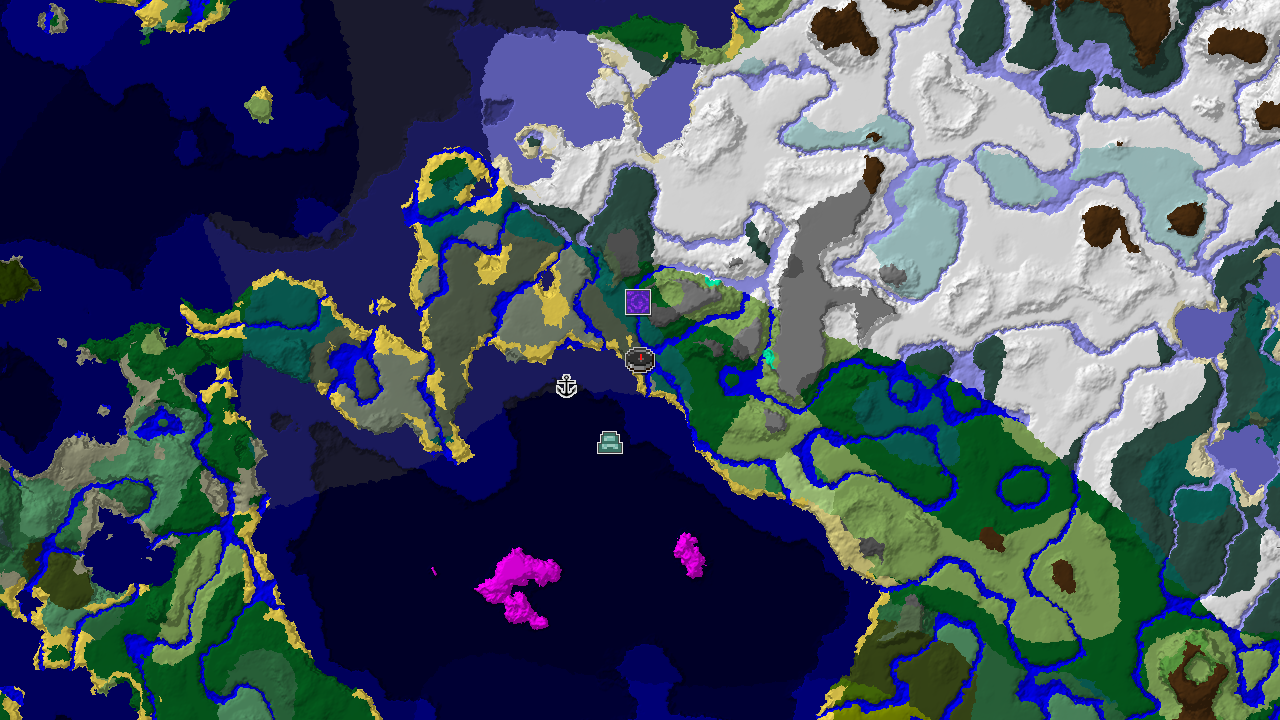 A 2D biome map centered on spawn, showing an Old Growth Pine Taiga surrounded by various taiga, ocean, and snowy biomes, with markers for a Ruined Portal, Shipwreck, and Ocean Monument.