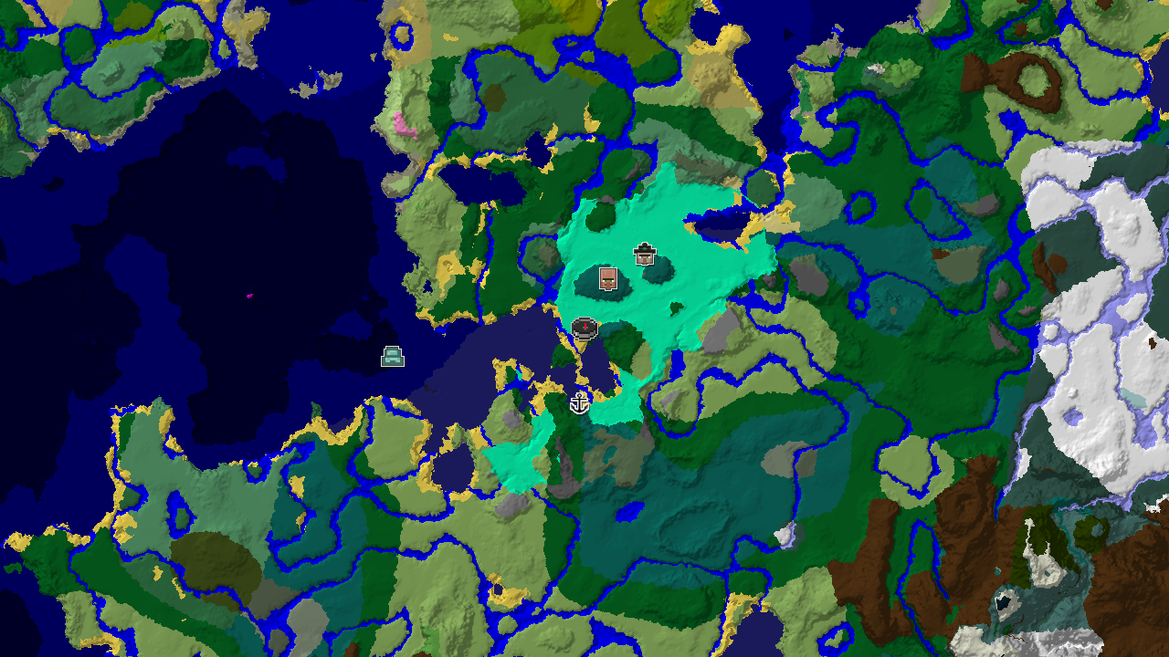 A top-down 2D biome map centered on the spawn point, marked in a swamp, showing markers for a nearby village and other structures.
