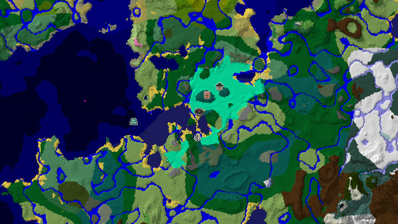 A top-down 2D biome map centered on the spawn point, marked in a swamp, showing markers for a nearby village and other structures.