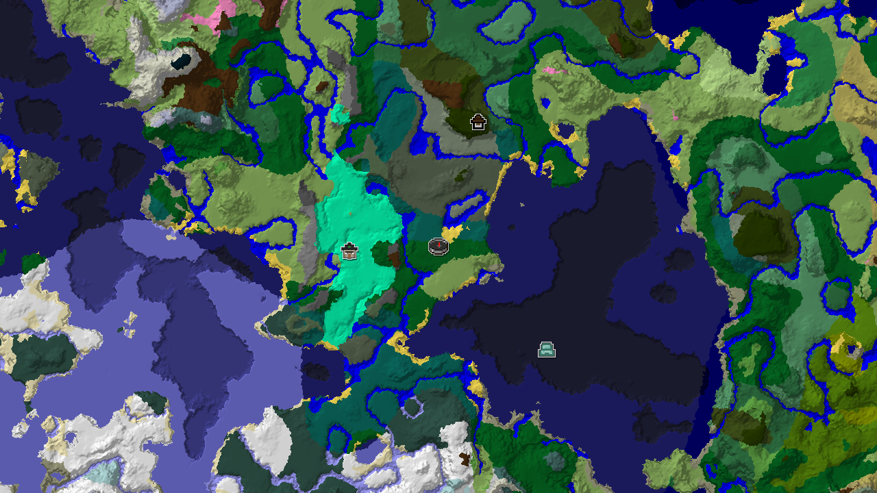 A 2D biome map centered on spawn, showing a Woodland Mansion about 764 blocks away, with nearby taiga, forest, and ocean biomes.