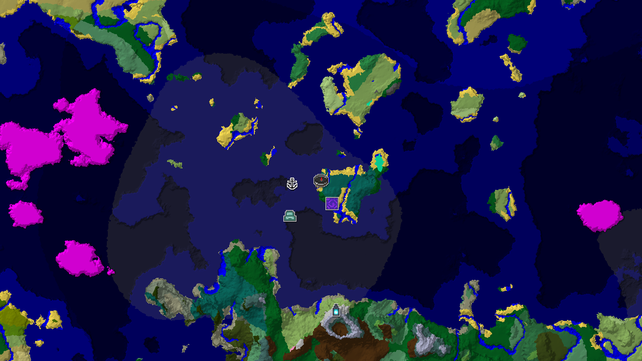 A 2D biome map centered on the spawn point, showing a Taiga island surrounded by various ocean biomes. Markers indicate a ruined portal, shipwreck, ocean monument, and an ancient city.