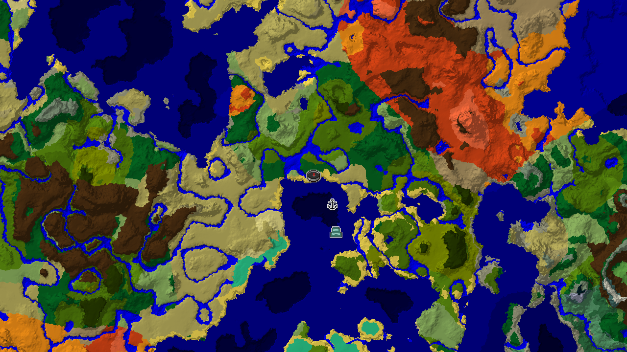 A 2D biome map centered on spawn, showing a nearby Ocean Monument and Shipwreck.
