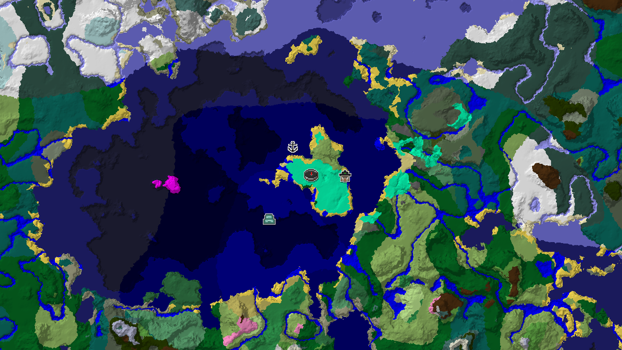 A 2D biome map centered on spawn, showing a large ocean with an ocean monument marker, and a smaller swamp area with a witch hut marker.