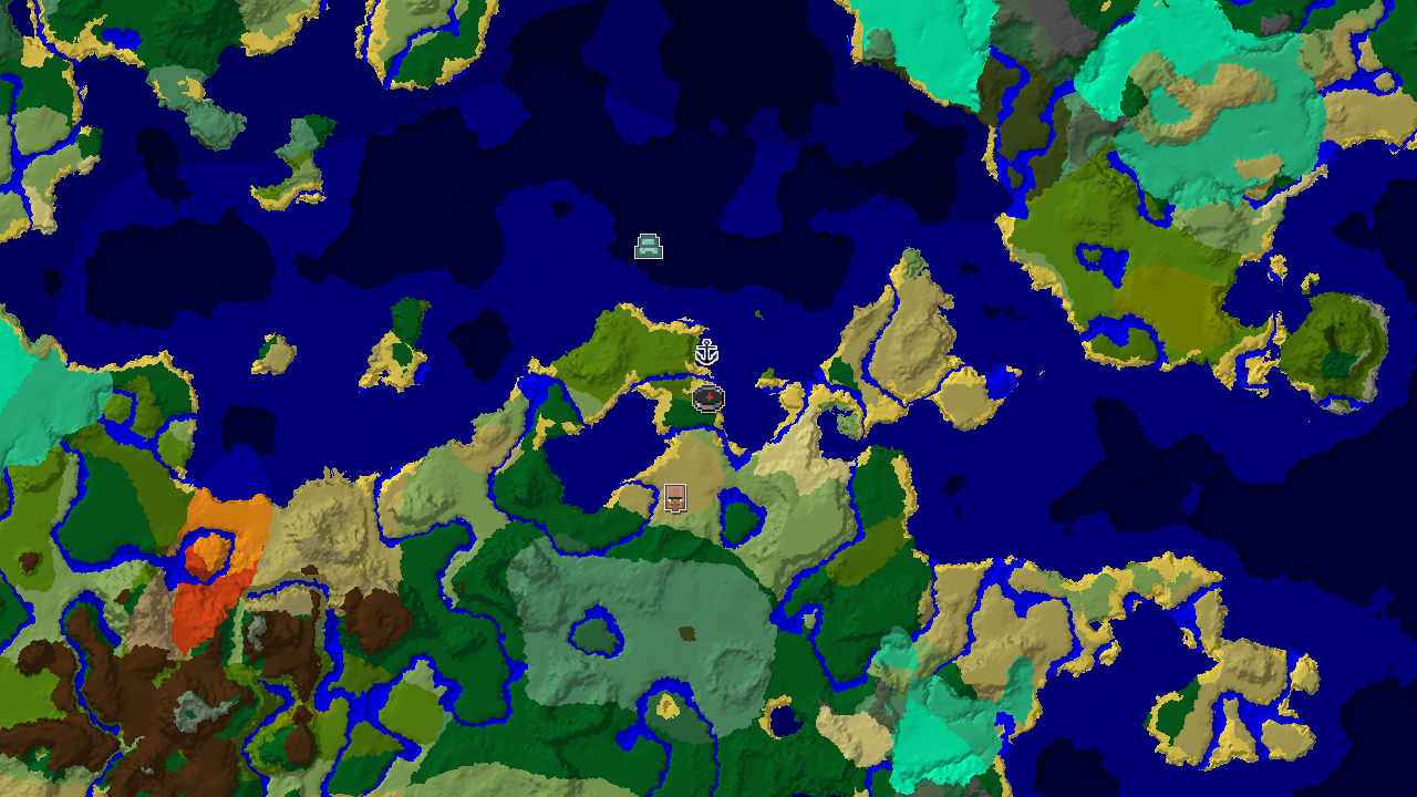 A 2D biome map, centered on the jungle spawn. Markers indicate a nearby shipwreck, a village, and an Ocean Monument.