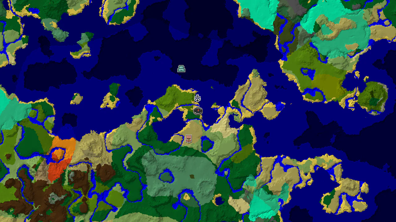 A 2D biome map, centered on the jungle spawn. Markers indicate a nearby shipwreck, a village, and an Ocean Monument.