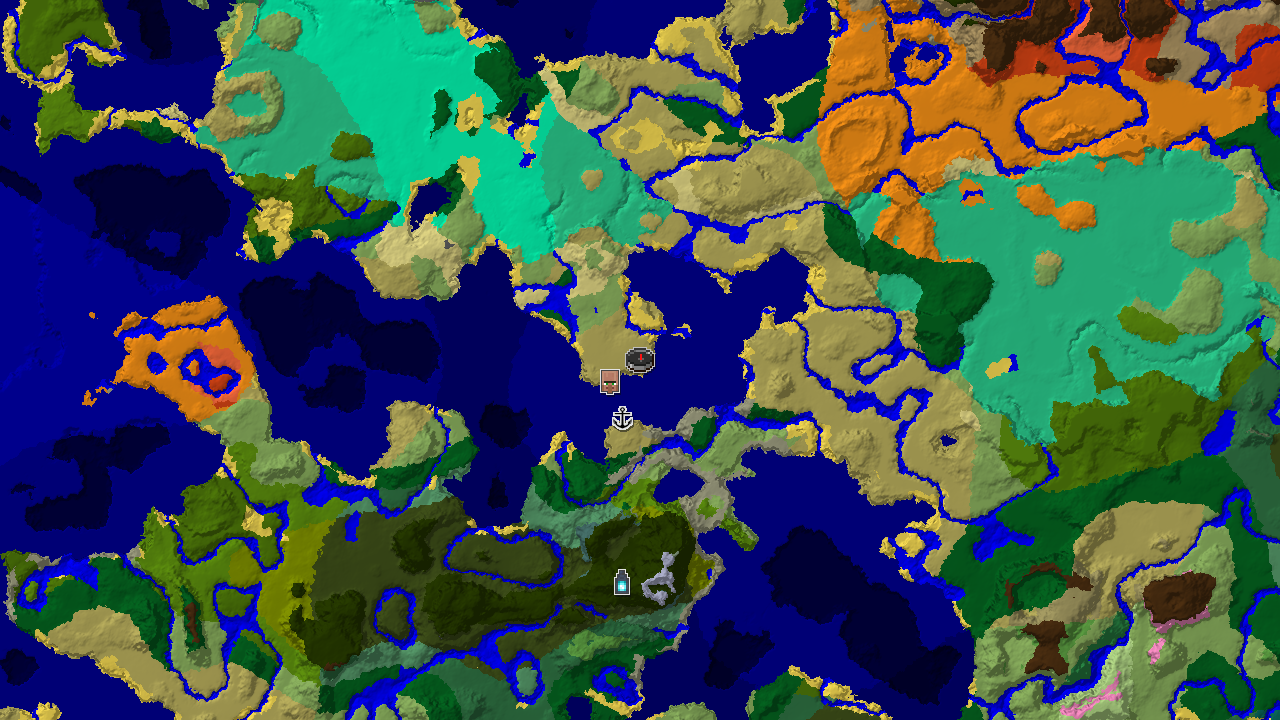 A 2D biome map centered on the spawn point, showing savanna, ocean, and various forest biomes, with markers for a village and a shipwreck.