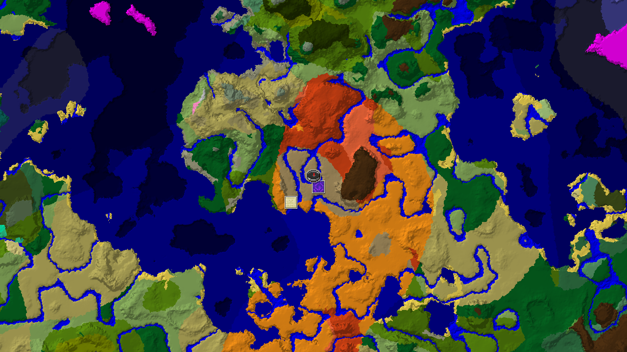 A 2D biome map centered on spawn, showing a large desert biome to the west, badlands to the east, and scattered jungle and ocean biomes.