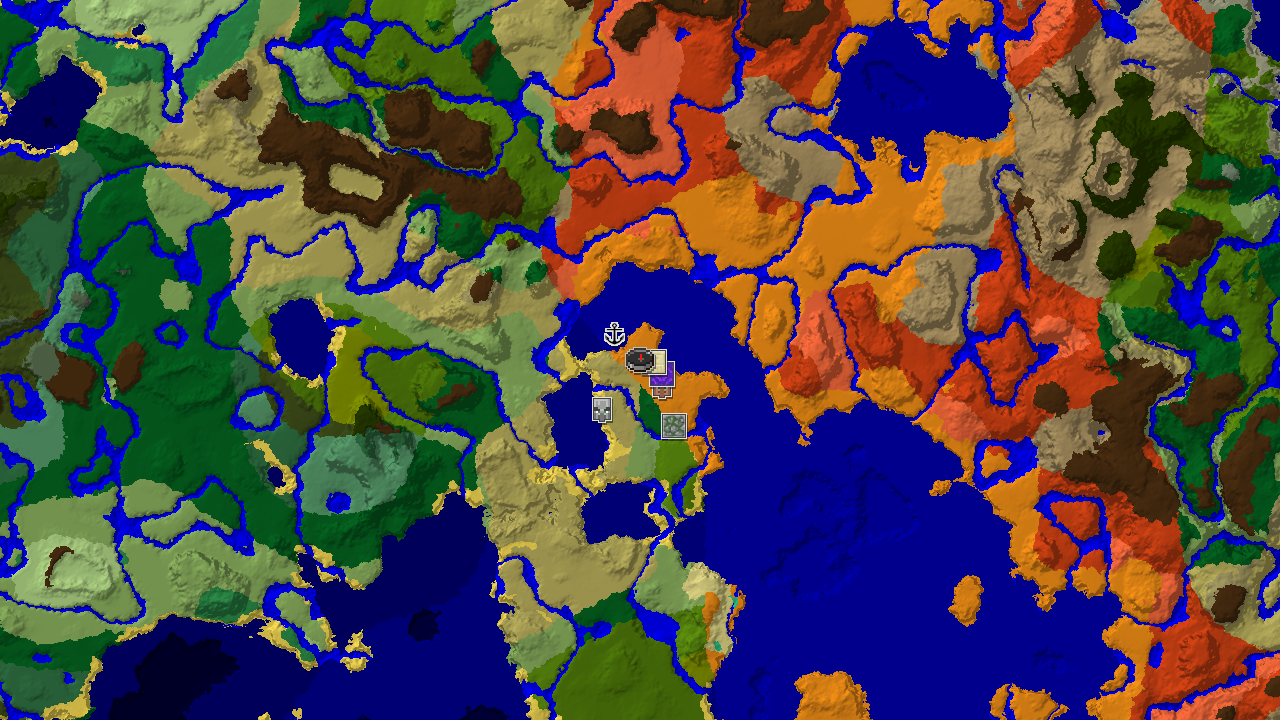 A top-down 2D biome map centered on spawn, showing a desert with nearby savanna, warm ocean, and forest biomes, along with markers for a Desert Pyramid, Ruined Portal, and Jungle Temple.