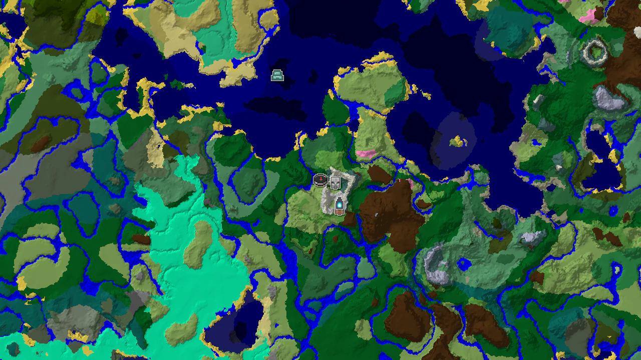 A top-down 2D biome map centered on spawn, showing forest, plains, and river, with markers for an Ancient City, a Pillager Outpost, and an abandoned village.