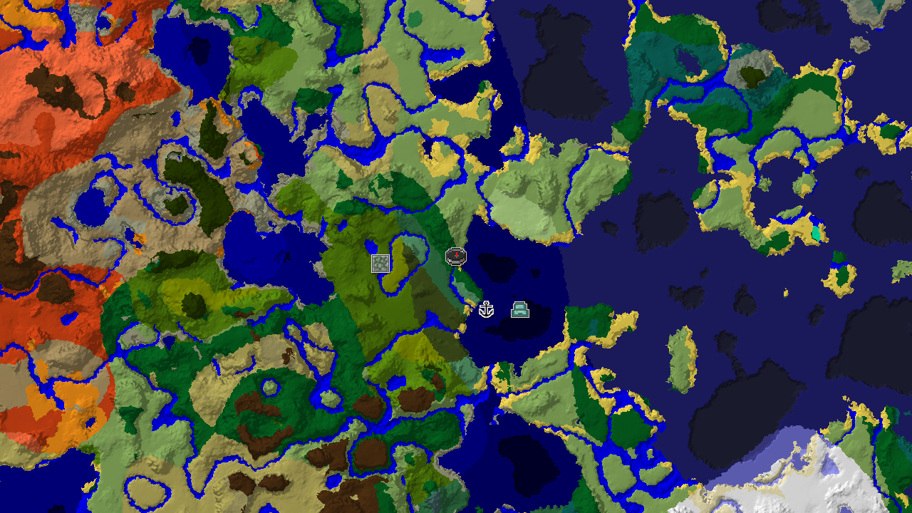 A top-down 2D biome map centered on spawn, showing forest, ocean, plains, and jungle biomes with markers for a Jungle Temple, Shipwreck, and Ocean Monument.