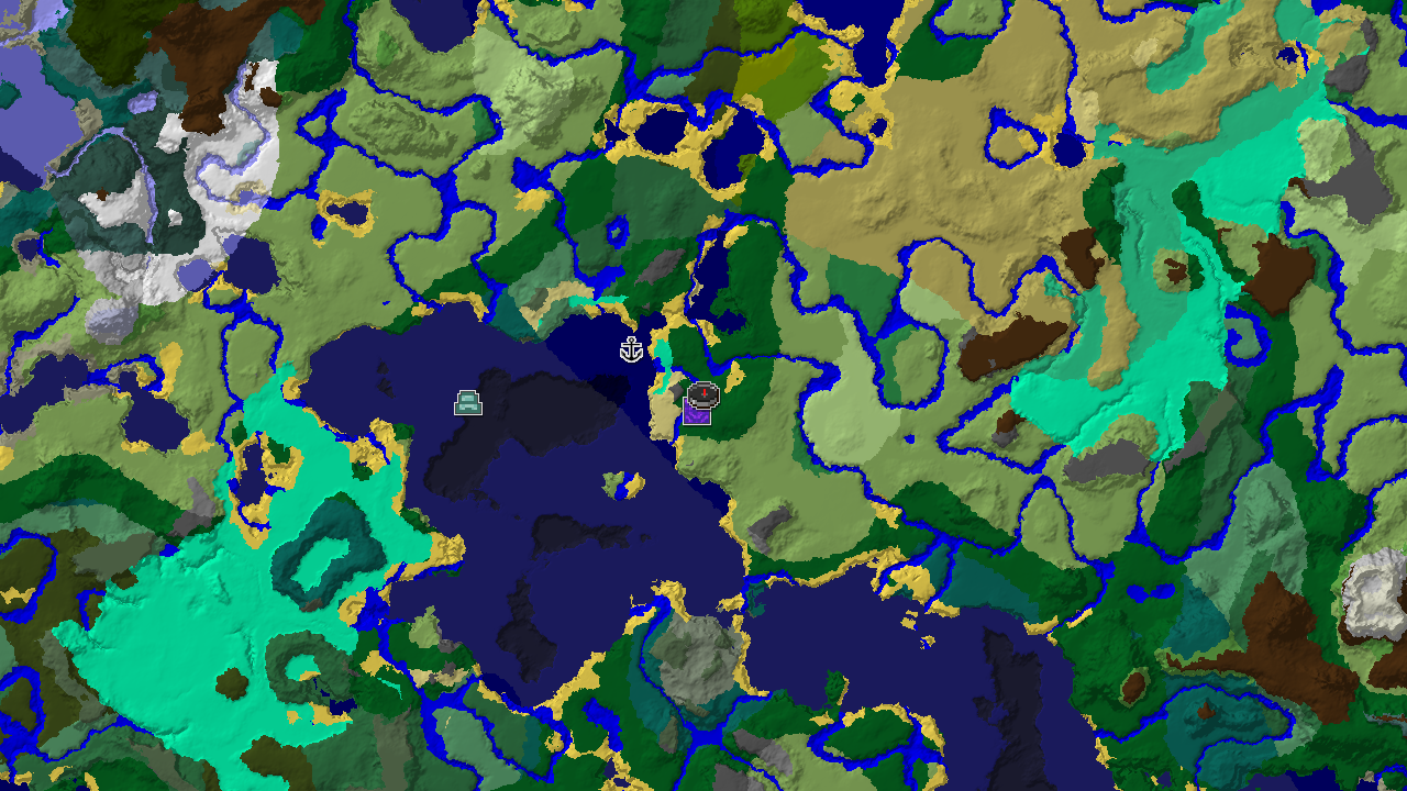 A 2D biome map centered on spawn, showing a nearby Ocean Monument to the west and a Ruined Portal to the north.