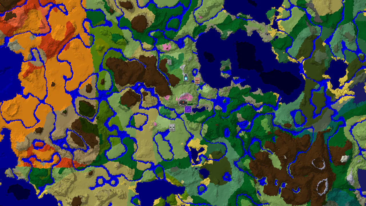 A 2D biome map centered on spawn, showing a Cherry Grove and Flower Forest nearby, along with markers for a Ruined Portal and Ancient City.