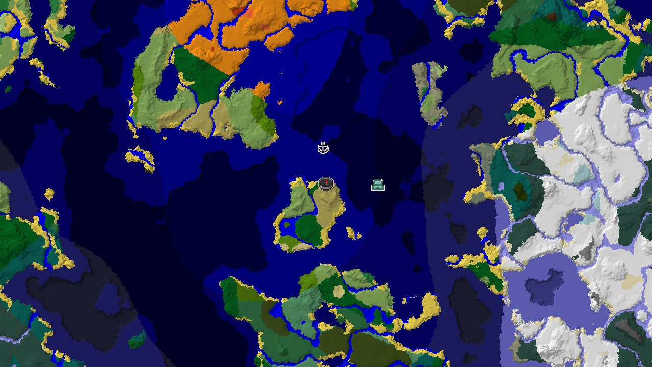 A 2D biome map centered on the spawn point, marked in a savanna, showing a nearby shipwreck and an ocean monument in the expansive ocean.