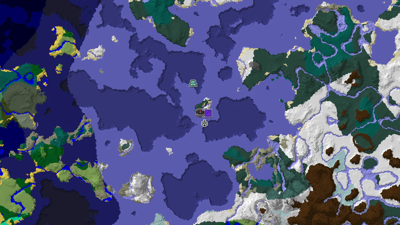 A 2D biome map centered on the spawn point, showing snowy taiga at spawn, surrounded by large areas of frozen ocean and deep frozen ocean, with markers for a ruined portal, shipwreck, and ocean monument.