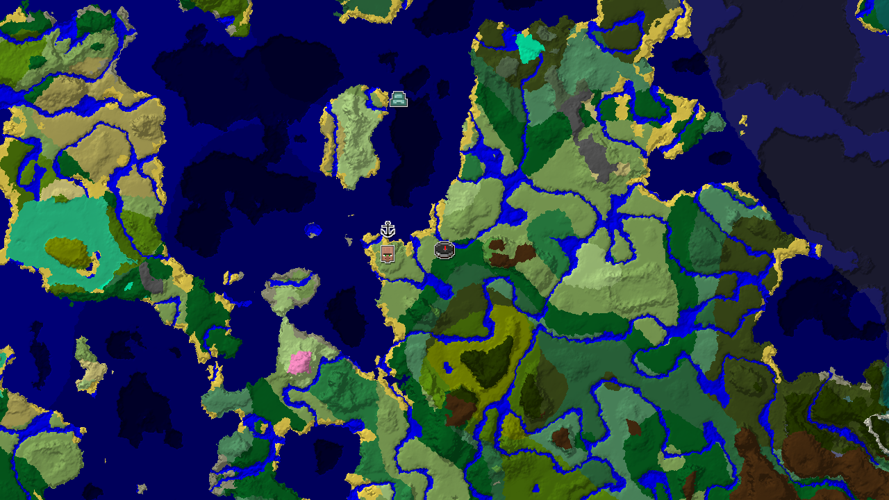 A top-down 2D biome map centered on spawn, showing a large forest and ocean, with markers for an ocean monument, village, and shipwreck.