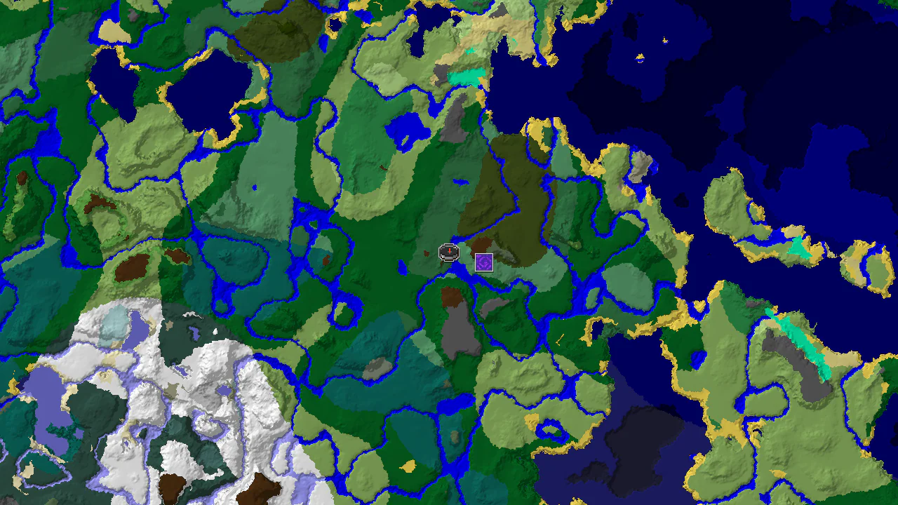 A 2D biome map centered on spawn, showing a varied landscape of forests, plains, and a nearby river.