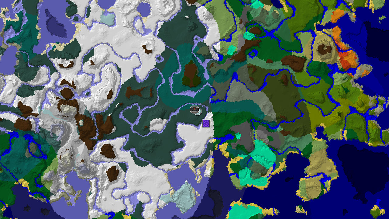 A top-down 2D biome map centered on spawn, showing a snowy taiga start surrounded by diverse biomes including frozen river, snowy plains, and forest, with markers for an igloo and a ruined portal.