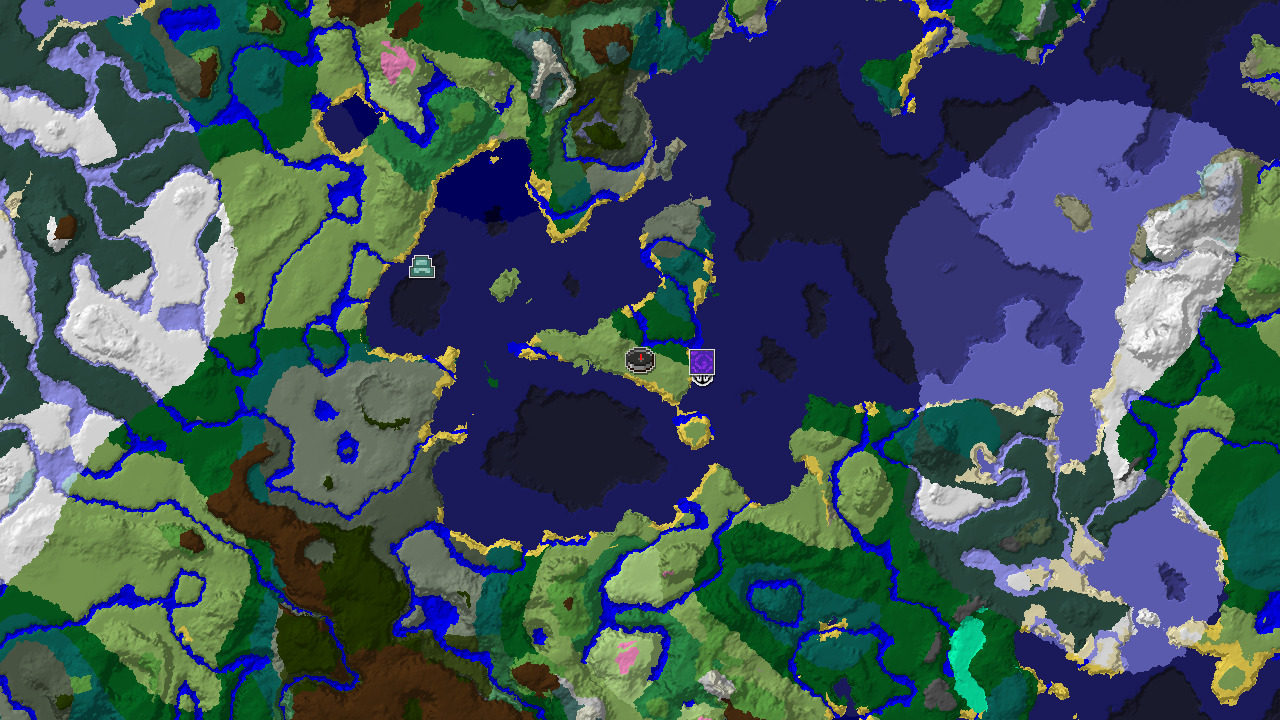 A 2D biome map centered on spawn, showing a nearby Ocean Monument and other structures amidst varied biomes including Plains, Cold Ocean, and Taiga.