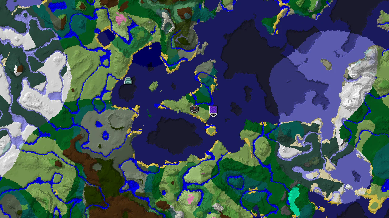 A 2D biome map centered on spawn, showing a nearby Ocean Monument and other structures amidst varied biomes including Plains, Cold Ocean, and Taiga.