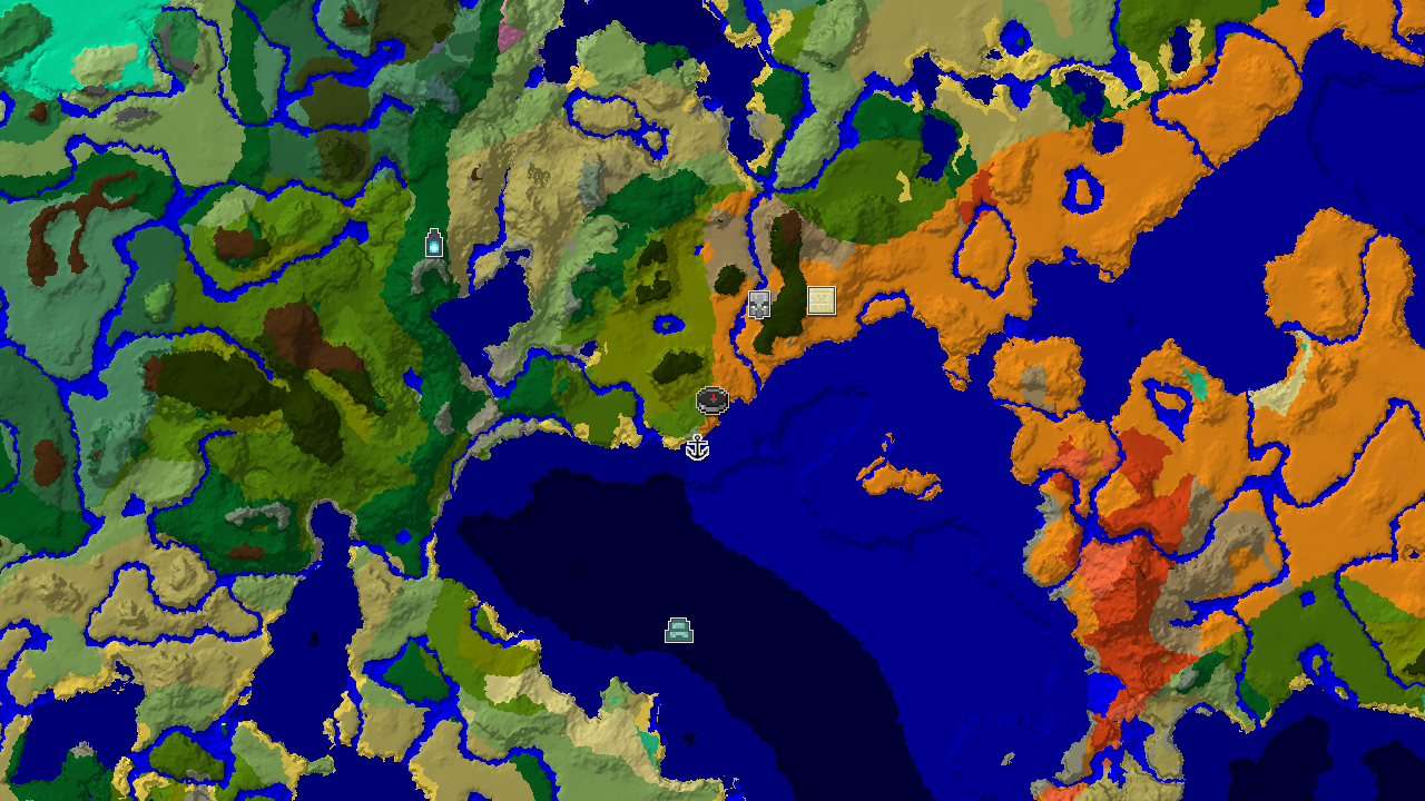 A 2D biome map centered on the spawn point, marked in a desert, with icons for nearby structures including a shipwreck and pillager outpost.