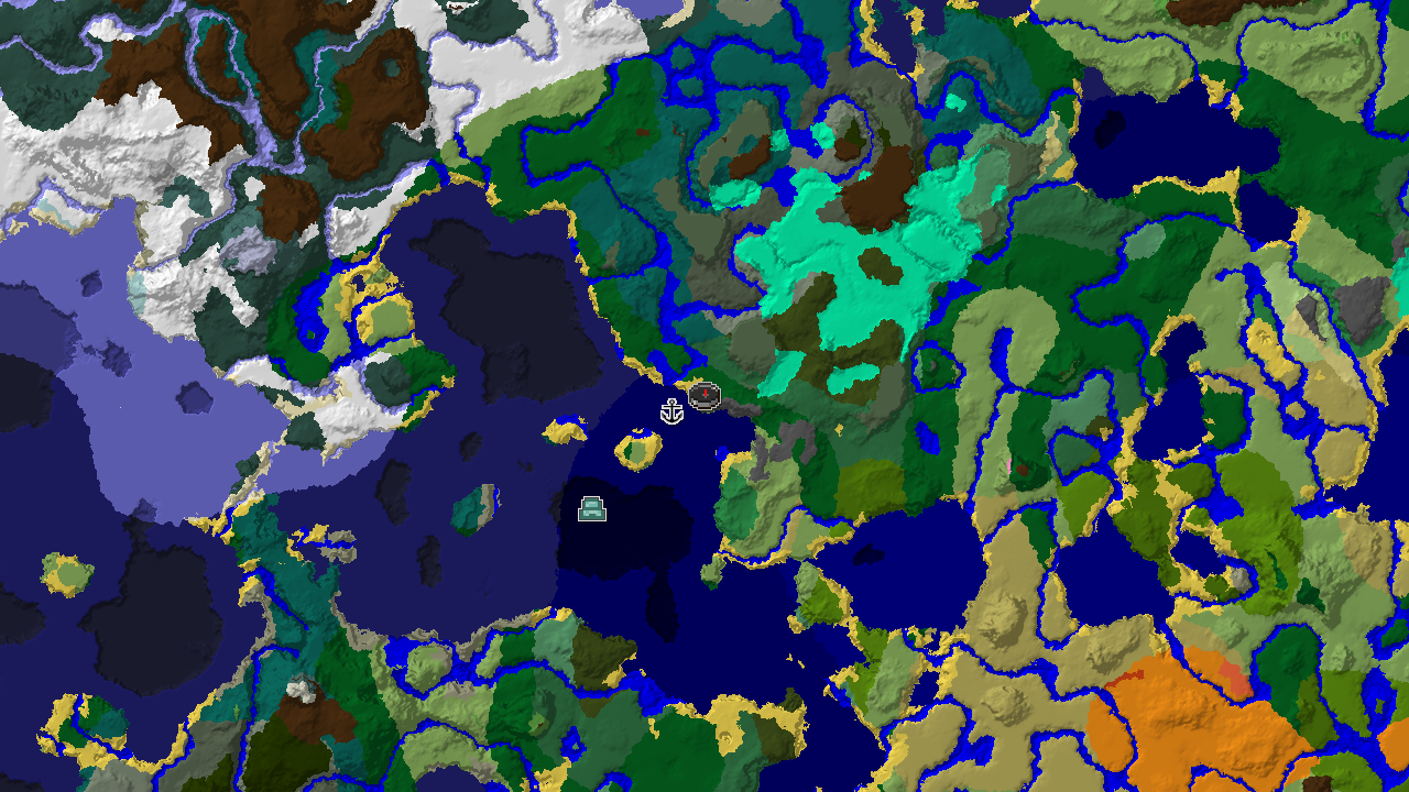 A top-down 2D biome map centered on spawn, showing a large ocean with an ocean monument marker, surrounded by forests, rivers, and various other biomes.