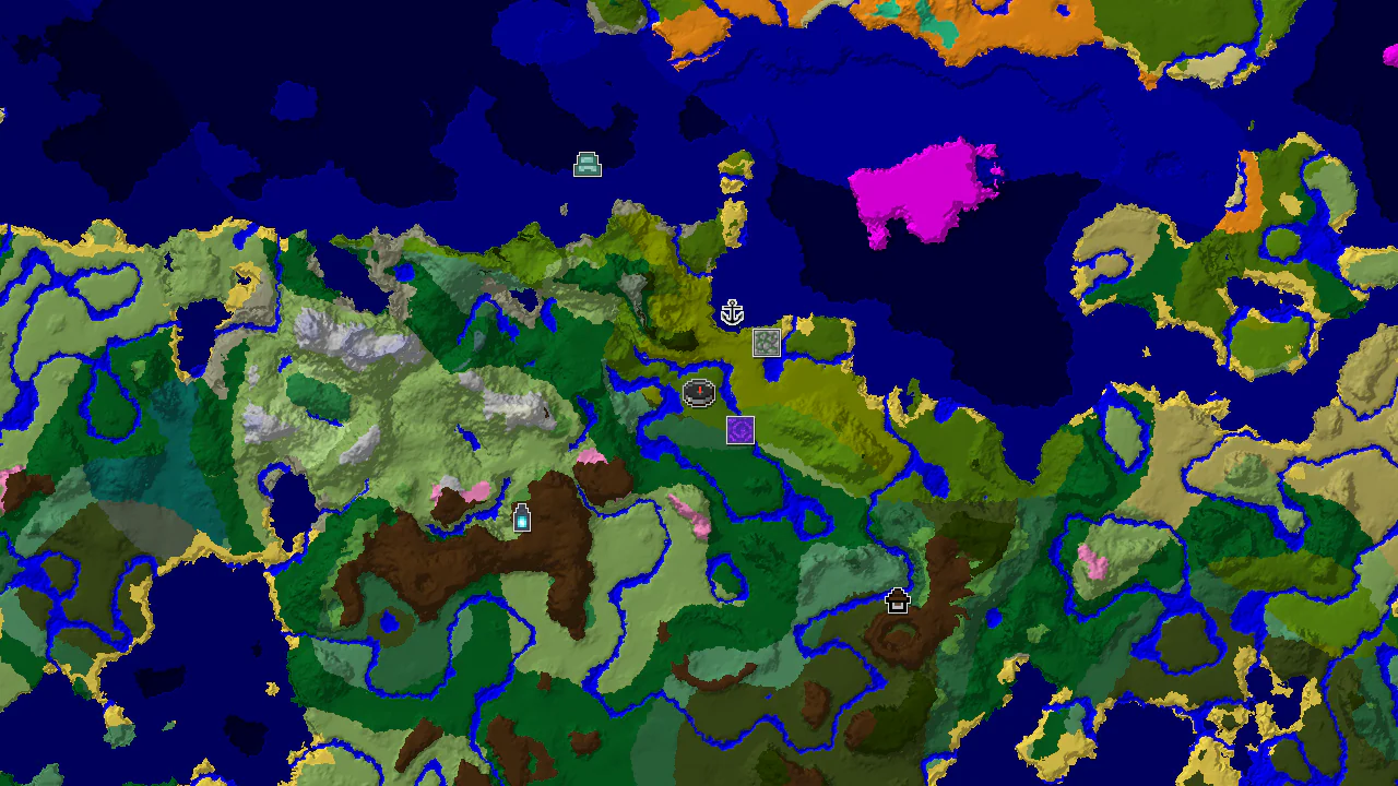 A 2D biome map centered on spawn, showing a jungle at spawn, a nearby Bamboo Jungle, and markers for an Ancient City and other structures.