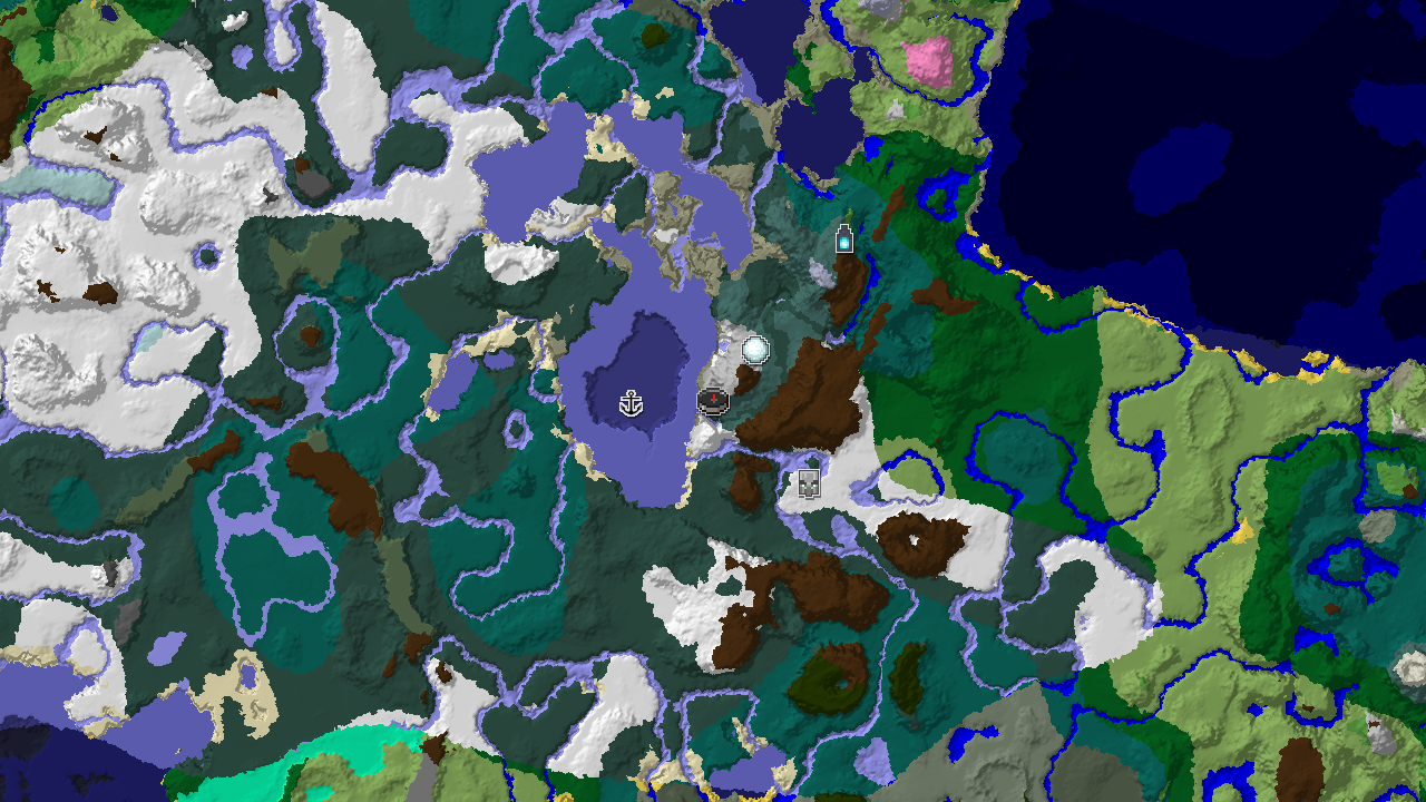 A 2D biome map showing a large snowy taiga and frozen ocean dominating the landscape around spawn, with markers for an Ancient City, Igloo, and Shipwreck.