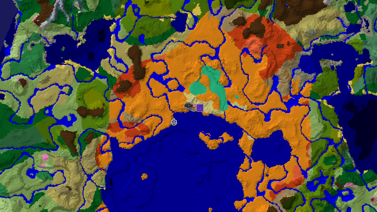 A 2D biome map centered on spawn, showing a large desert area, a nearby mangrove swamp, and markers for a village and ruined portal.