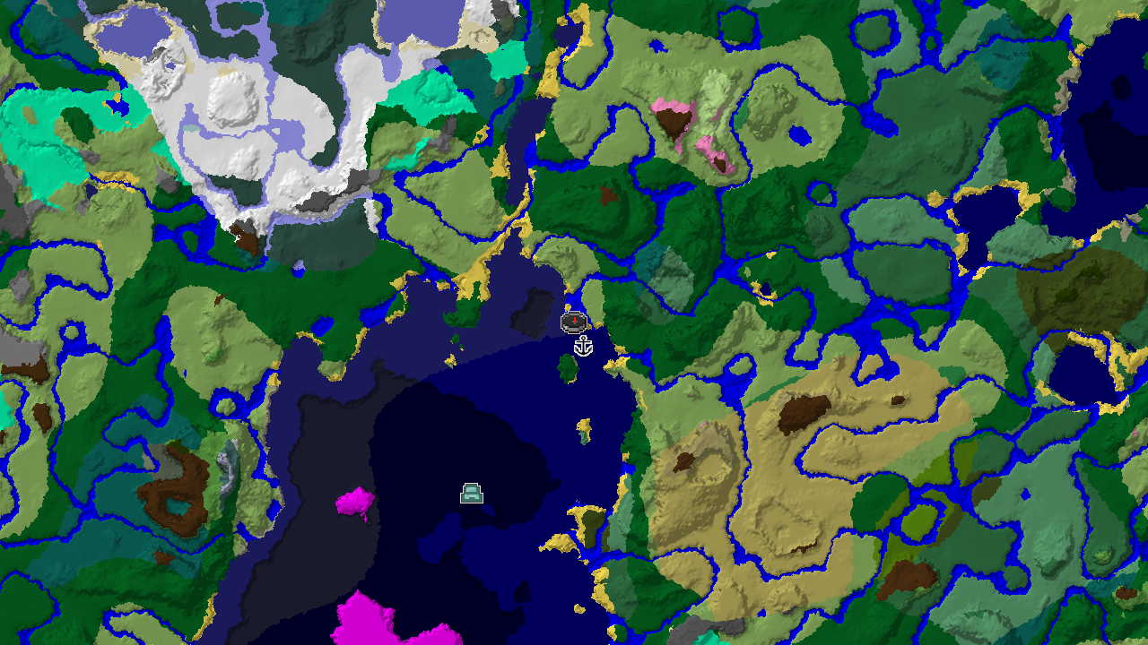 A 2D biome map centered on the spawn point, showing plains, oceans, rivers, and forests, with markers for a shipwreck and an ocean monument.